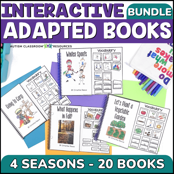Adapted Books for Special Education – 20 Seasonal Interactive Adaptive Books are displayed with colorful folders, pens, and a bag; their covers feature engaging titles on sports, fall, gardens, and camp for every season.