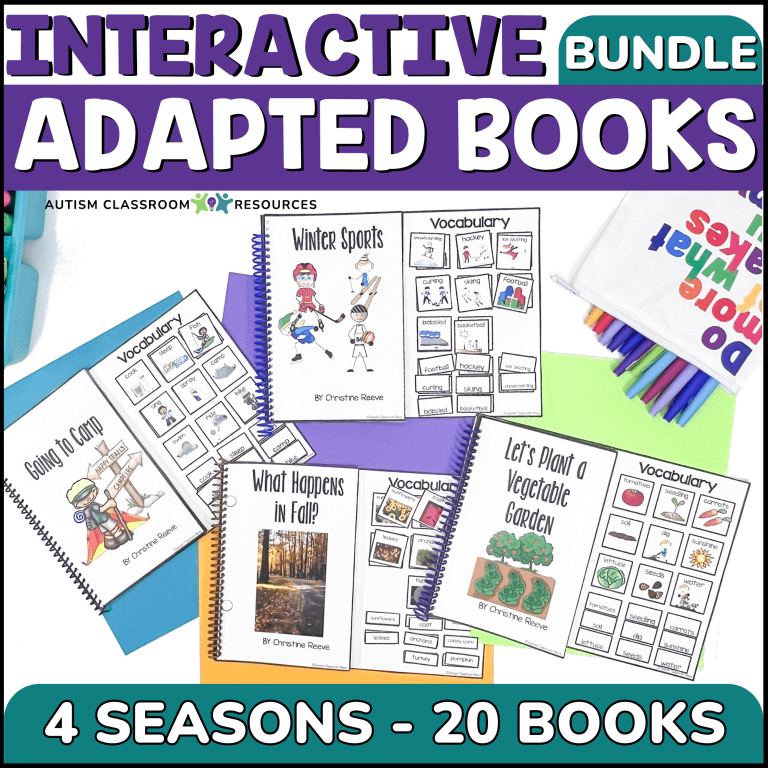 Adapted Books for Special Education – 20 Seasonal Interactive Adaptive Books are displayed with colorful folders, pens, and a bag; their covers feature engaging titles on sports, fall, gardens, and camp for every season.