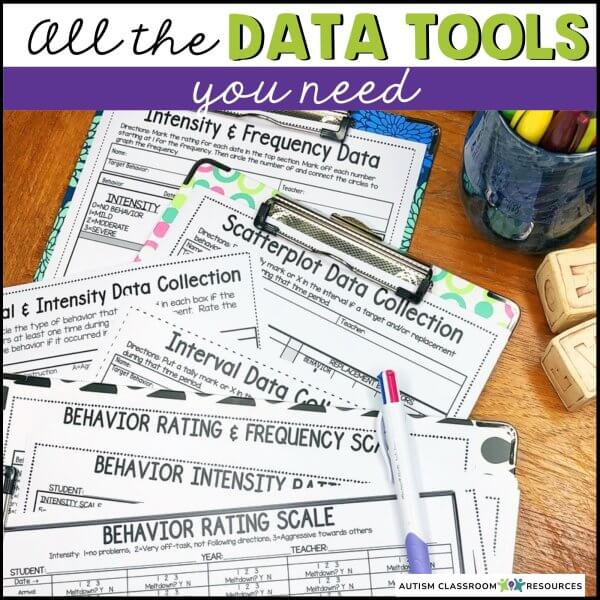 The Special Education Classroom Setup Kit (Middle & High School) includes printed data collection sheets on clipboards with a pen—featuring behavior rating scales, frequency charts, and All the DATA TOOLS you need on top. Perfect for classroom setup.