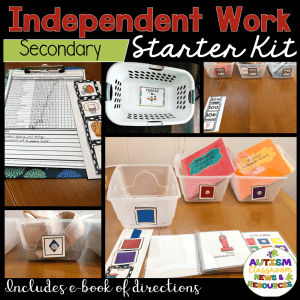 Independent Work Task Box System - Starter Kit for Secondary Special Education: includes organized bins, visual task cards, clipboard, binder, and e-book directions. Autism Classroom News & Resources logo shown.