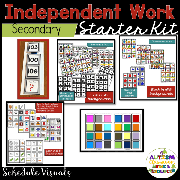A promotional image for the Independent Work Task Box System - Starter Kit for Secondary Special Education by Autism Classroom News & Resources, featuring a colorful system with schedule visuals, number cards, season icons, symbols, and background color options.
