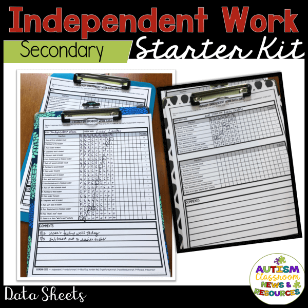 Three clipboards with data sheets for tracking independent work, perfect for an Independent Work Task Box System - Starter Kit for Secondary Special Education, rest on wood beneath the Autism Classroom Resources logo and product title.