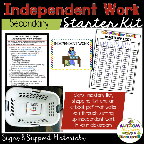 Image of the Independent Work Task Box System - Starter Kit for Secondary Special Education, featuring a materials list, mastery chart, independent work sign, finished basket label, and a task box system from Autism Classroom News & Resources.