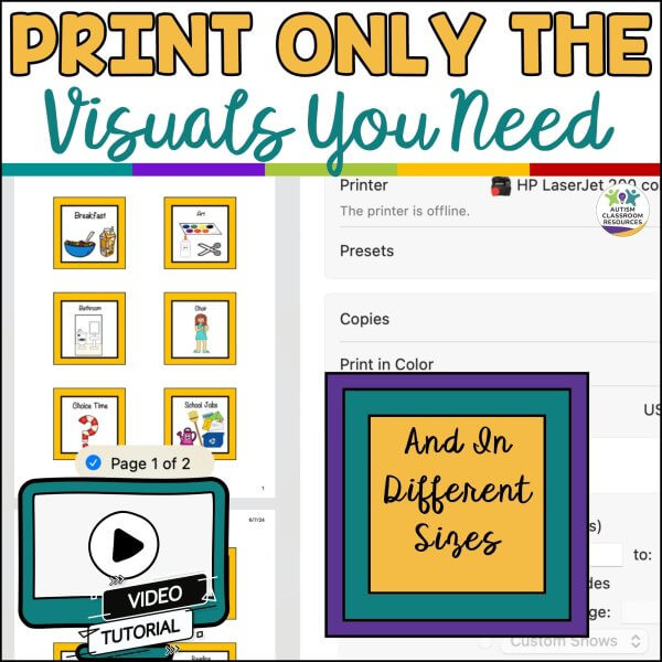 A graphic features “PRINT ONLY THE Visuals You Need” with screenshots of the Visual Schedule for Autism Life Skills Special Education Visual Supports, printer settings, a video tutorial icon, and a highlighted box: “And In Different Sizes.”.