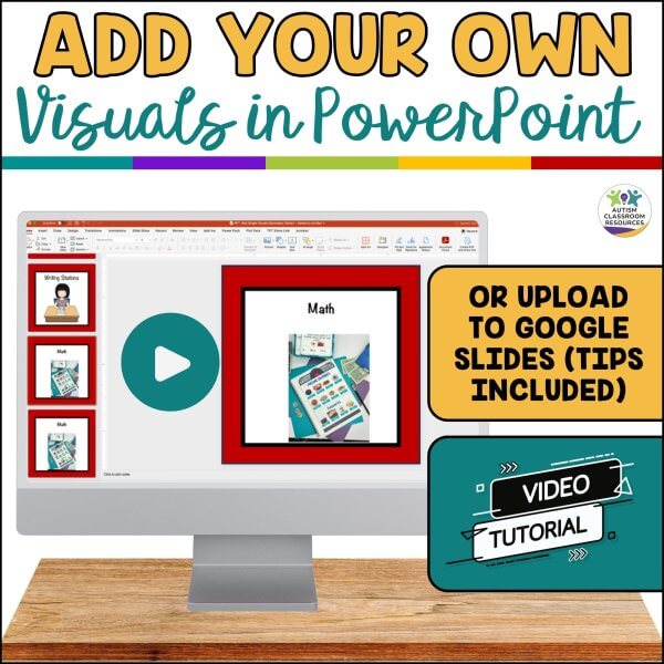 A computer screen displays the Visual Schedule for Autism Life Skills Special Education Visual Supports in PowerPoint, with text: Add Your Own Visuals, ideal for special education. Upload to Google Slides (tips included), and access a video tutorial.