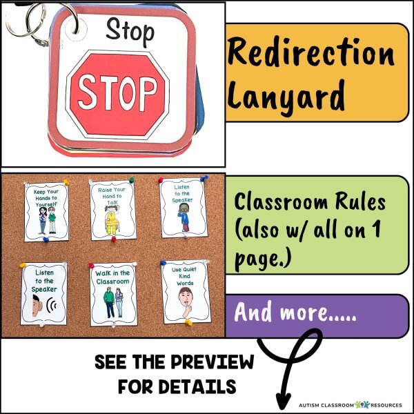 A collage displays a stop sign lanyard, six classroom rule cards on a corkboard, and bold text highlighting “Visual Schedule for Autism Life Skills Special Education Visual Supports” plus classroom rules and tips from Autism Classroom Resources.