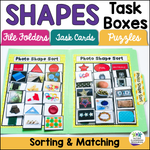 Independent Work Tasks Shape Matching for Early Childhood and Special Education features photo sorting mats labeled square, triangle, circle, star, oval, and rectangle plus file folders, task cards, and puzzles for hands-on shape matching with real-life objects.