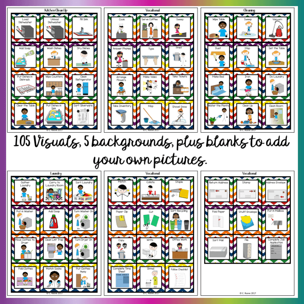 105 visuals, 5 backgrounds, plus blanks to add your own pictures - vocational mini-schedules