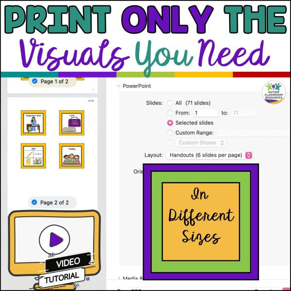 Print only the visuals you need. picture of page with square icons. squares denoting different printing sizes and video screen to represent the included video tutorial.