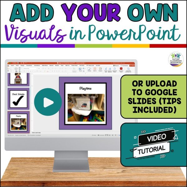 Add your own visuals in PowerPoint. or Upload to Google Slides (Tips included) Video tutorial included.