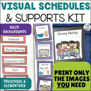 Visual schedules and supports kit. elementary and Preschool. Solid backgrounds. Print only the images you need. [picture includes word cards without pictures, individual picture schedule cards, and large picture schedule card for checkin and group schedules.]