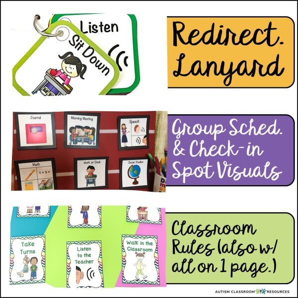 Picture of a redirection picture lanyard, a group schedule and classroom rules.