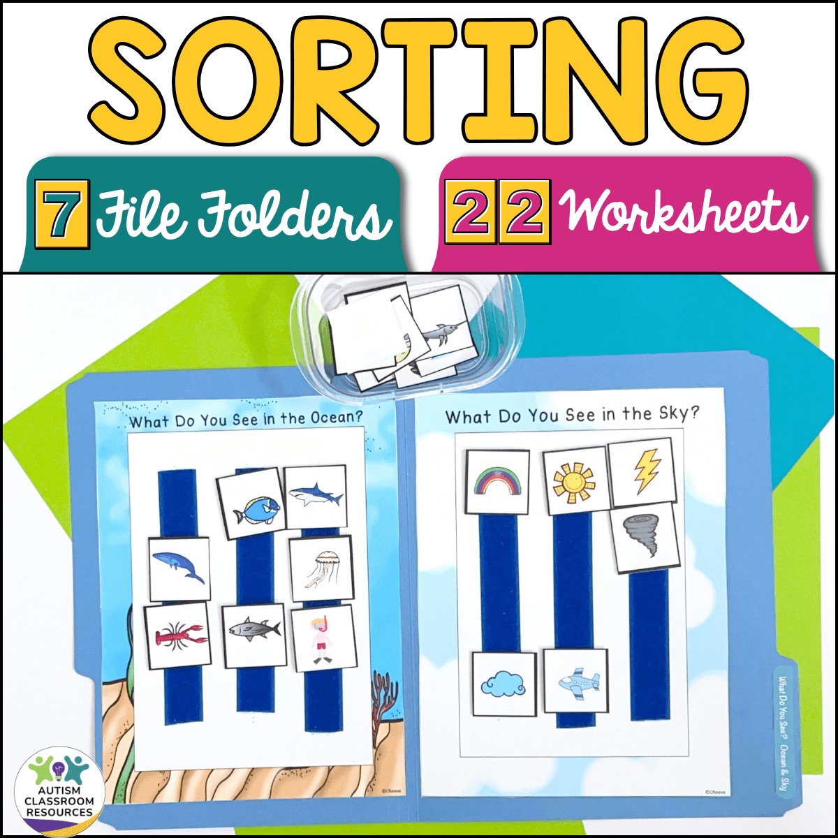 The Receptive Language Vocabulary Sort File Folder Activities and Worksheets include two blue folder activities: What Do You See in the Ocean? with ocean animals and What Do You See in the Sky? with sky objects. Sorting cards attach with Velcro.