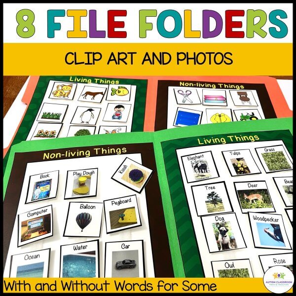 8 file folders, clipart, and photos. Shows different file folder games, with and without words for some.