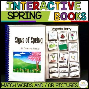 Discover Spring Interactive Books - Vocabulary Practice for Early Childhood & Special Ed.—an engaging book with picture-word cards like leaves, rain, butterfly, flowers, and snow. Perfect for exploring spring and building vocabulary!.