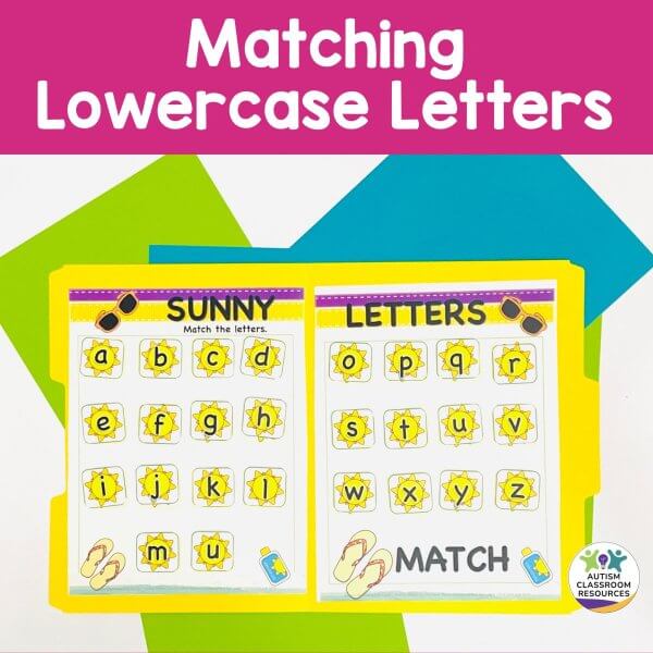 The Summer Alphabet Matching File Folders: Print & Distance Learning set includes two yellow file folder activities with a lowercase letters matching game, featuring sun shapes on folders labeled “SUNNY” and “LETTERS MATCH” over blue and green backgrounds.
