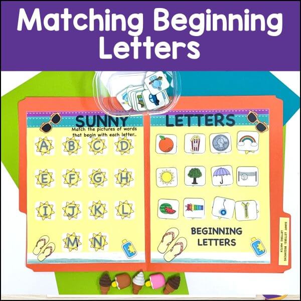 The Summer Alphabet Matching File Folders: Print & Distance Learning set displays letters A–L on one side and images like an apple, fish, and tree for students to match to their beginning letters in a colorful educational folder activity.