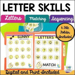 The Summer Alphabet Matching File Folders: Print & Distance Learning features colorful folders labeled SUNNY and LETTERS, with matching letter cards for teaching letter skills including matching and sequencing in both digital and print formats.