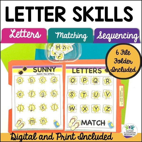 The Summer Alphabet Matching File Folders: Print & Distance Learning features colorful folders labeled SUNNY and LETTERS, with matching letter cards for teaching letter skills including matching and sequencing in both digital and print formats.