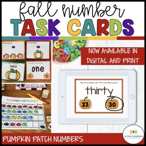 Fall Number Task Cards- now available in digital and print - pumpkin patch numbers