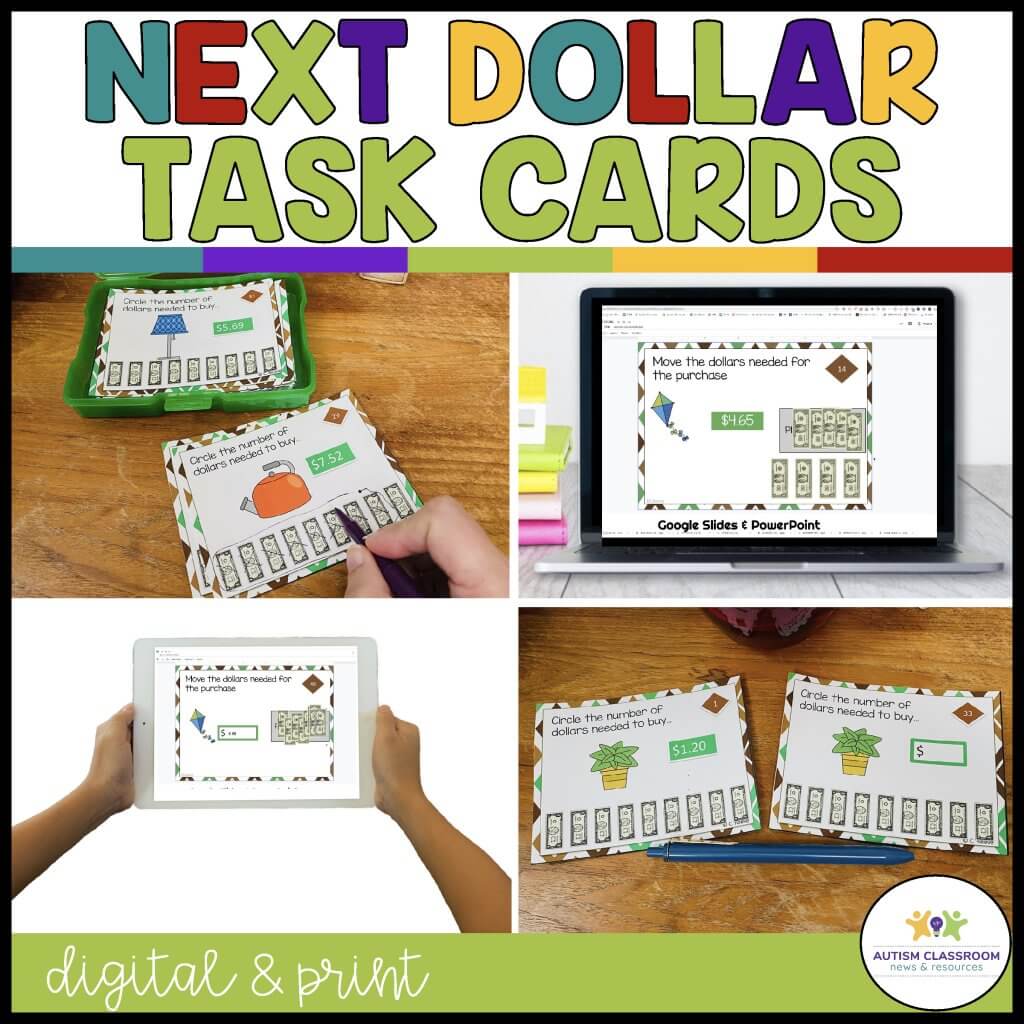 A collage displays Next Dollar Up Money Skills for Special Education - Task Cards - Worksheets, showing colorful printable and digital cards on devices with dollar bills to support counting and the next dollar up strategy.