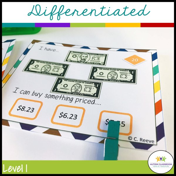 The Next Dollar Up Task Cards: Money Skills for Print and Distance Learning feature Level 1 cards with U.S. bills, three price options ($8.23, $6.23, $7.15), and a clothespin marking $7.15 for differentiated math practice.