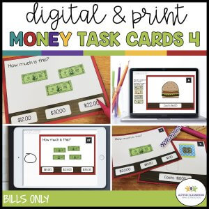 A promotional image for Bills Money Task Cards 4--The Restaurant for Distance and Classroom Learning displays worksheets and digital screens with counting money task cards math problems using dollar bills. The image includes the text BILLS ONLY at the bottom.