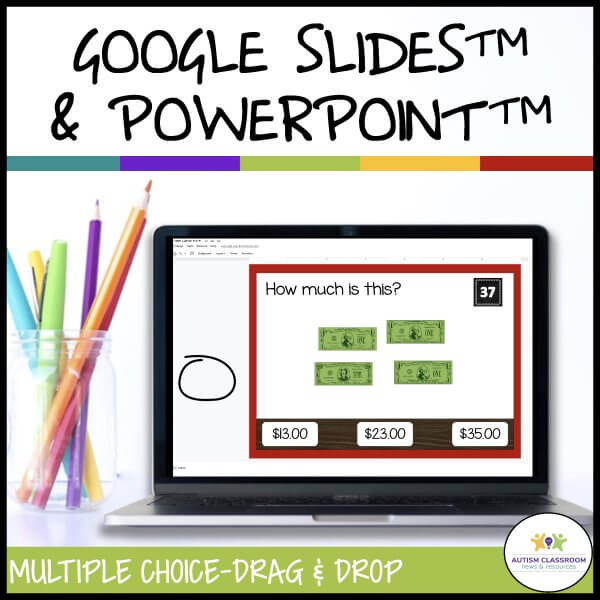 A laptop shows Bills Money Task Cards 4--The Restaurant for Distance and Classroom Learning, a multiple choice money math activity for Google Slides or PowerPoint. Colorful pencils in a holder sit nearby. Text: Multiple Choice–Drag & Drop.