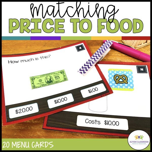 Bills Money Task Cards 4--The Restaurant helps students match food items with prices using illustrated activity cards, such as identifying a $10 bill and matching it to items like a pretzel costing $10.00. Ideal for classroom or distance learning.