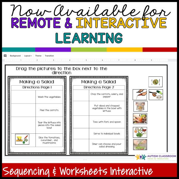 Cooking Unit: Tossed Green Salad for Classroom and Distance Learning Life Skills offers step-by-step salad-making directions with matching pictures to drag—perfect for interactive, remote lessons that engage students in life skills.