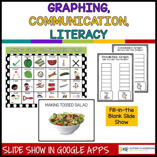The "Cooking Unit: Tossed Green Salad for Classroom and Distance Learning Life Skills" cover features cooking, graphing, and literacy activities with a communication board, salad image, graphs, and a fill-in-the-blank Google Apps slideshow.