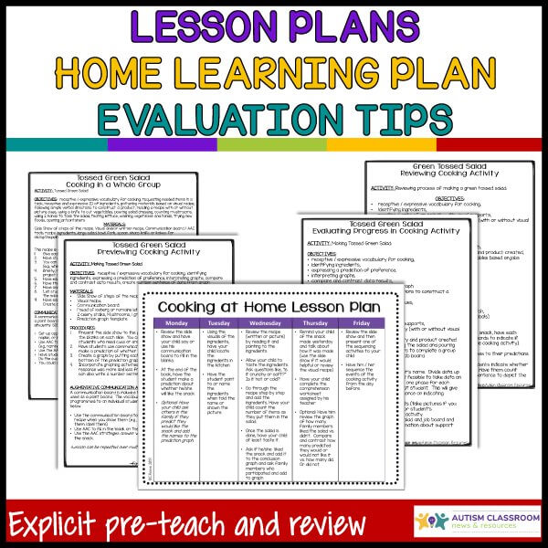 A collage of lesson plan documents titled Cooking Unit: Tossed Green Salad for Classroom and Distance Learning Life Skills features cooking activities, colorful headings, an Autism Classroom logo, and a banner reading Explicit pre-teach and review.