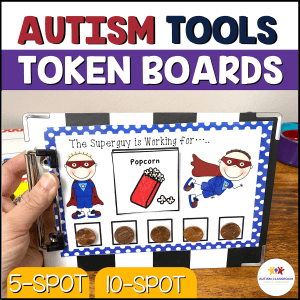 Autism Tools Token Boards. Shows a token board being used for a student working towards earning popcorn.