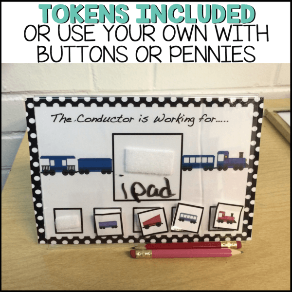 Tokens included or use your own with buttons or pennies. Shows a train token board where a student is working towards earning ipad time.