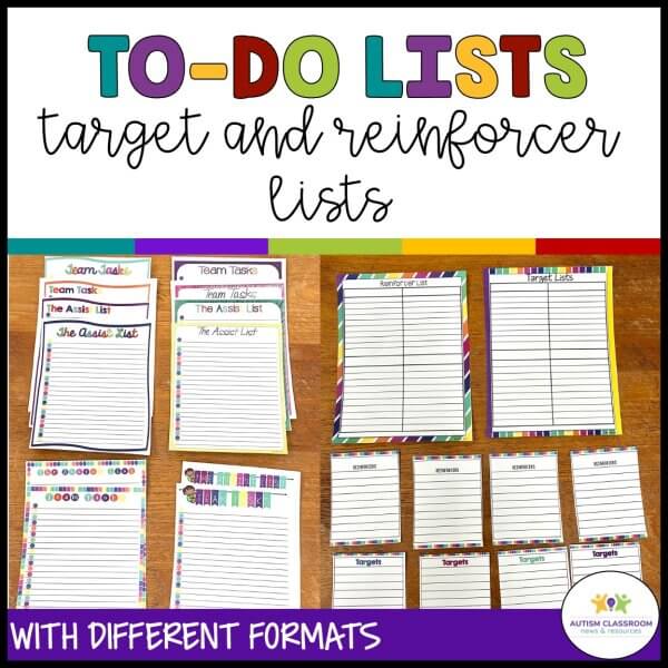 Visual Reminders for special education paraprofessional staff - to-do lists target and reinforcer lists
