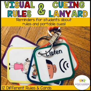 Visual Classroom Rules & Cueing Lanyard for Autism - PreK and Elementary: a set of square laminated visual classroom rules on a lanyard ring, each featuring a simple illustration and a text command such as Listen.