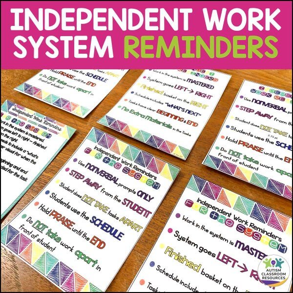 Visual Reminders for Special Education Classroom Staff*Autism*LifeSkills are spread out on a wooden table, featuring step-by-step instructions and motivational cues with geometric patterns and bold, multicolored text.