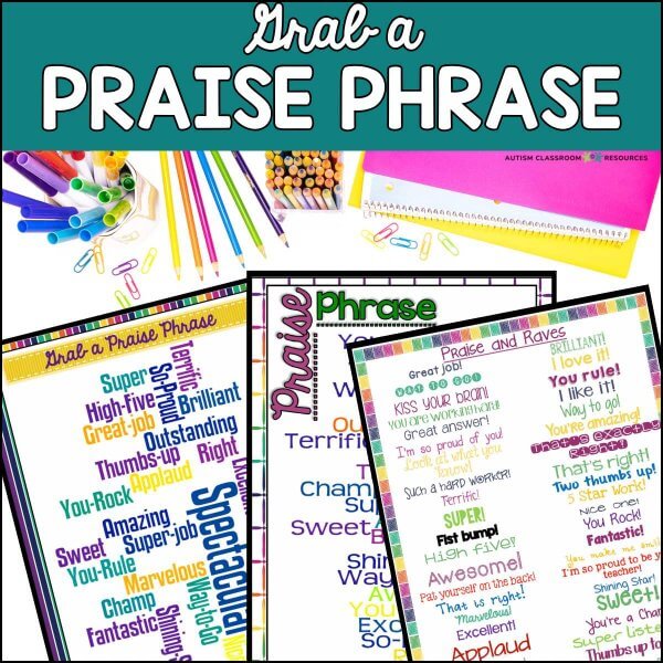 The Visual Reminders for Special Education Classroom Staff feature three vibrant pages with positive praise phrases, ideal for autism and life skills settings. The top banner reads, Grab a Praise Phrase, to encourage student motivation.