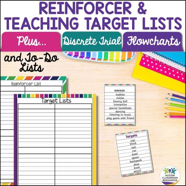 Colorful Visual Reminders for Special Education Classroom Staff—Autism LifeSkills—are displayed on a desk, including Reinforcer and Target Lists sheets, pens, notebooks, and small cards with examples of reinforcers and teaching targets.