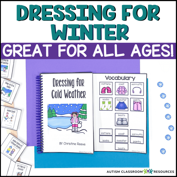 The Winter Adapted Books for Special Education and Autism Classrooms includes a spiral-bound book, a winter clothing vocabulary chart with pictures, and visual flashcards, all displayed on a purple surface.