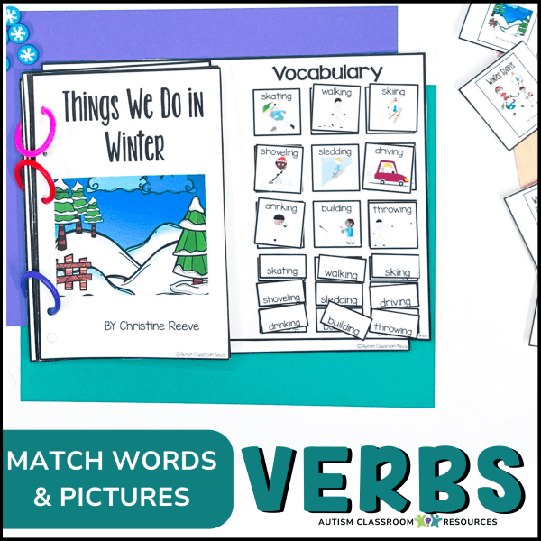 An open Winter Adapted Books for Special Education and Autism Classrooms shows a vocabulary matching page with winter verbs and pictures. Text reads MATCH WORDS & PICTURES and VERBS—books for special education.