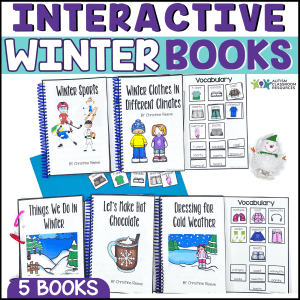 The Winter Adapted Books for Special Education and Autism Classrooms includes five spiral-bound books—“Winter Sports,” “Winter Clothes in Different Climates,” “Things We Do in Winter,” “Let’s Make Hot Chocolate,” and “Dressing for Cold Weather”—plus vocabulary sheets.