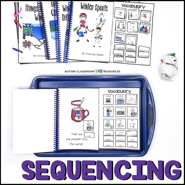 A blue tray holds an open Winter Adapted Book for Special Education and Autism Classrooms, showing a hot drink with vocabulary cards. Above are two more adapted books and vocabulary sheets. A snowman figure sits beside the tray. SEQUENCING is written below.