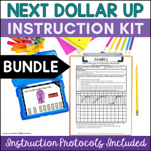 The Next Dollar Up Making Change Strategy - Money Activities for Special Education kit features colorful supplies, a digital next dollar up activity with pricing, a printed guide, and a clipboard. Includes all instruction protocols.
