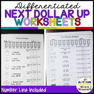 A colorful header reads Next Dollar Up Worksheets: Distance Learning Compatible. Below are two worksheets with shop items and prices, a Number Line Included label, and an Autism Classroom logo in the bottom right corner.