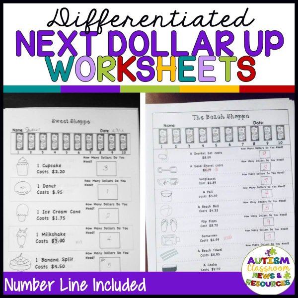 A colorful header reads Next Dollar Up Worksheets: Distance Learning Compatible. Below are two worksheets with shop items and prices, a Number Line Included label, and an Autism Classroom logo in the bottom right corner.