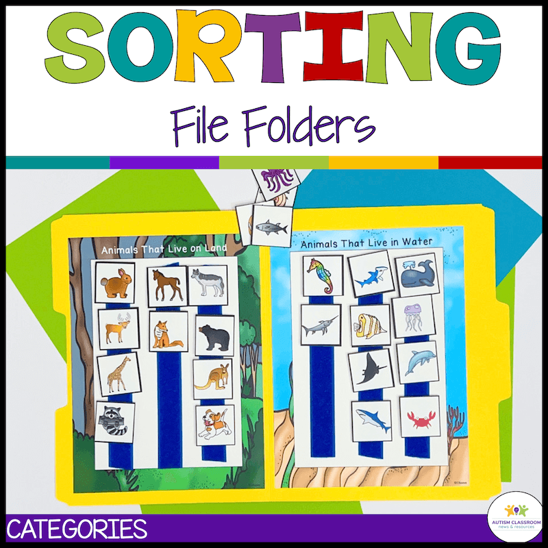 The Receptive Language Vocabulary Sort File Folder Activities and Worksheets include a sorting activity with illustrated animal cards for โAnimals That Live on Landโ and โAnimals That Live in Water,โ boosting receptive language skills.