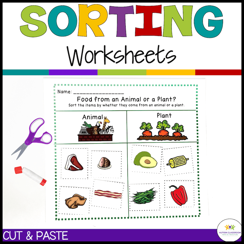 The Receptive Language Vocabulary Sort File Folder Activities and Worksheets offer a cut-and-paste sorting activity with food images to place under Animal or Plant, plus scissors and glue stick illustrations for added support.
