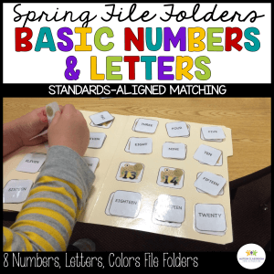 A child matches number cards to word cards in a file folder activity. The title, Spring File Folder Activities for Colors, Letter Matching activities, Number ID, & Counting, notes it is standards-aligned matching.