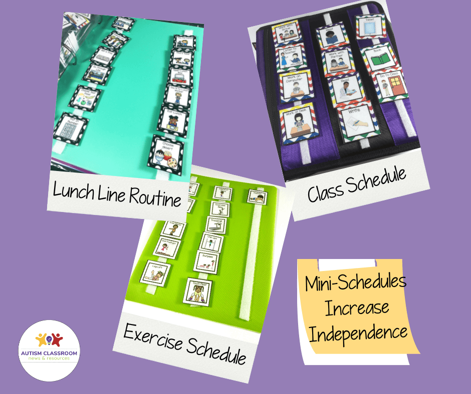 3 mini visual schedules. 1 for the lunchline routine, another for a single class of activities, and third for an exercise routine. Mini schedules help to increase independence